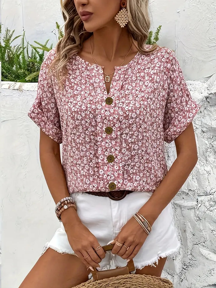 Blusa de verano fresca y ligera para mujer, con botones decorativos y corte suelto para máxima comodidad.