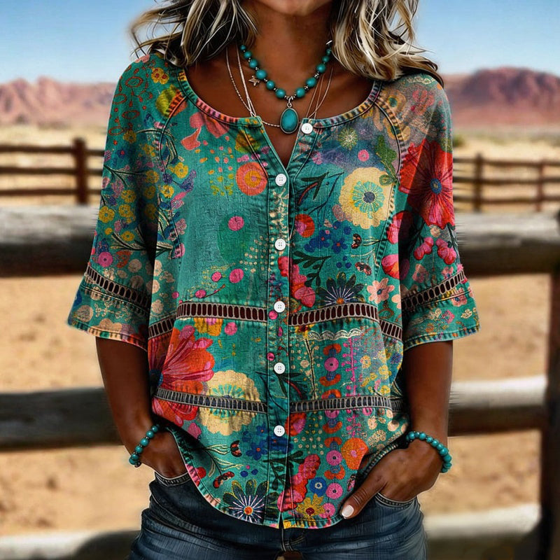 Blusa floral vintage multicolor para mujer, manga 3/4. Estilo elegante y versátil, ideal primavera/otoño.