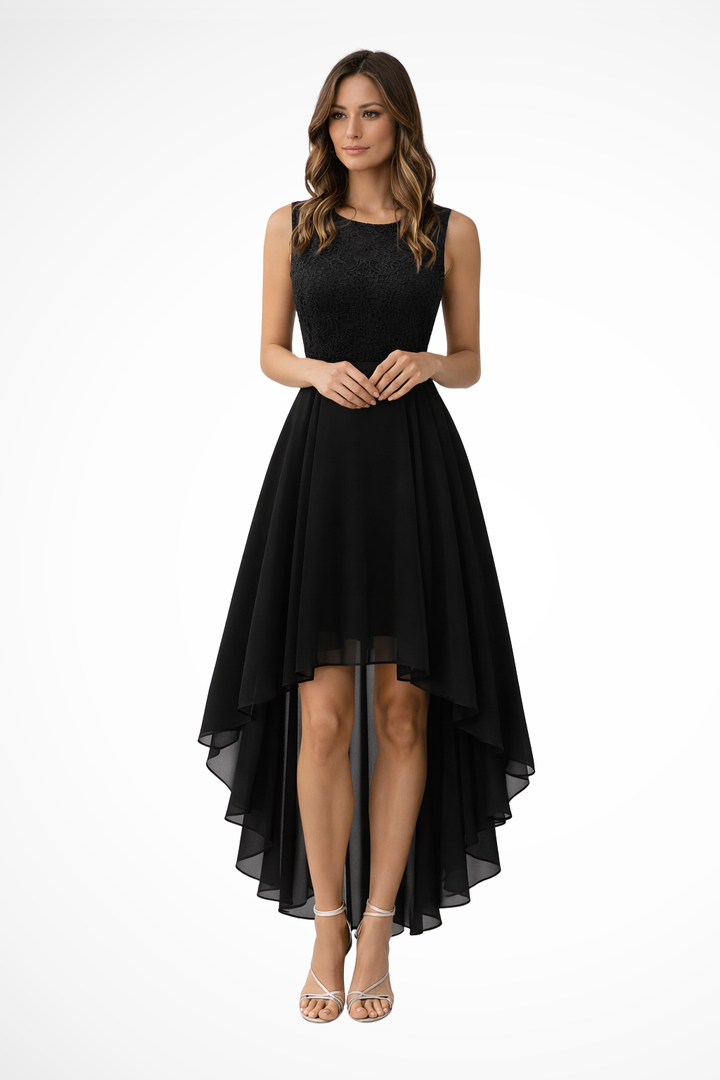 Vestido de fiesta para invitada sin mangas de encaje, perfecto para eventos de verano. Estilo elegante y femenino.