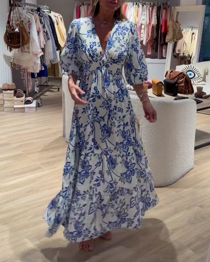 Vestido largo elegante floral para mujer, con diseño fluido. Ideal para fiestas y eventos de verano, estilo sofisticado.