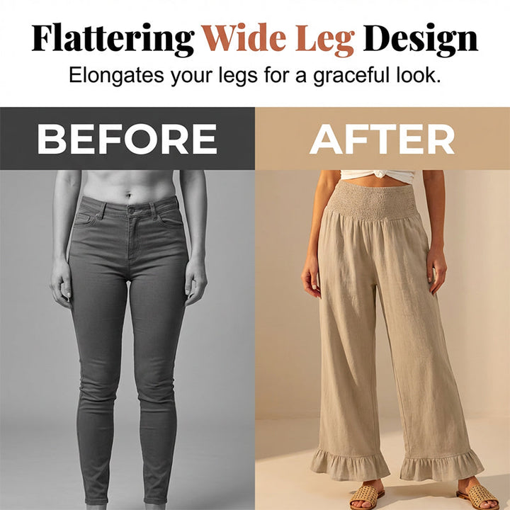 Ideal pantalón de verano para mujer, pierna ancha, algodón lino, tiro alto smock para un look casual bohemio.