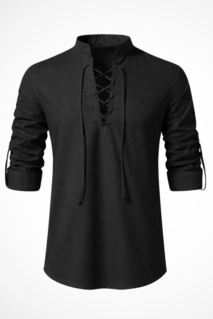 Camisa de lino para hombre, casual, manga larga, con cordones. Moda hombre, estilo relajado de verano.