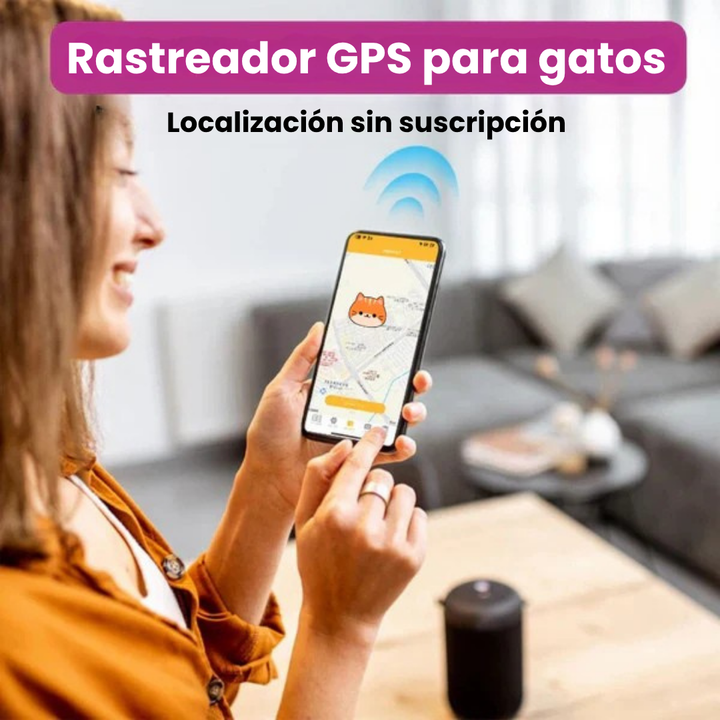 Interfaz de la app gratis en smartphone, mostrando la ubicación en tiempo real de tu gato. iOS y Android.