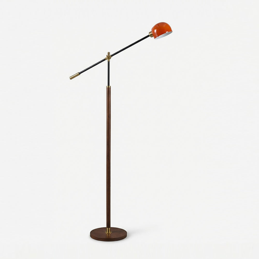 Iluminación hogar: lámpara de pie con brazo oscilante, madera y metal, estilo moderno para salón.