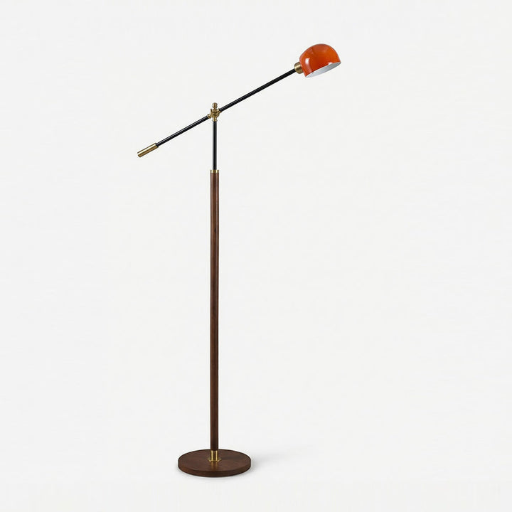 Iluminación hogar: lámpara de pie con brazo oscilante, madera y metal, estilo moderno para salón.