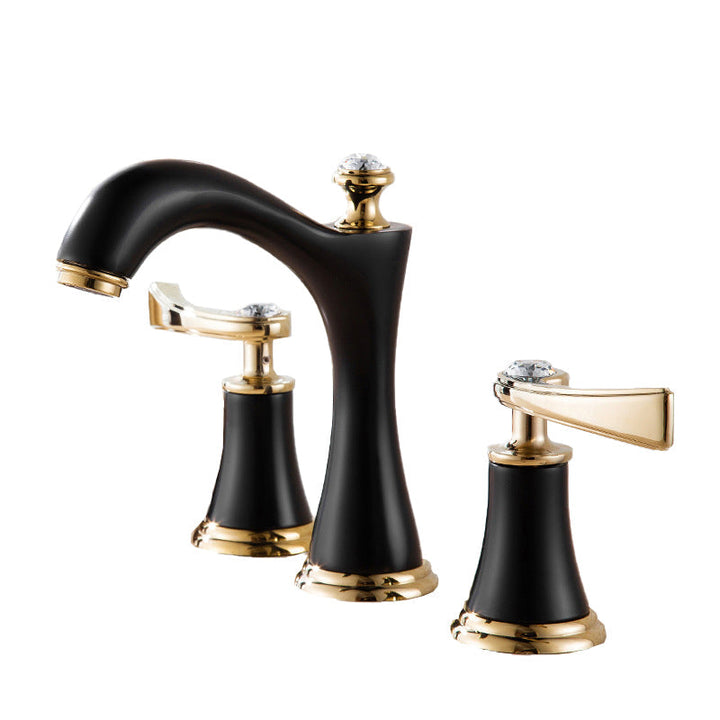 Grifo dorado para lavabo, diseño contemporáneo, doble manija, caño bajo fijo.