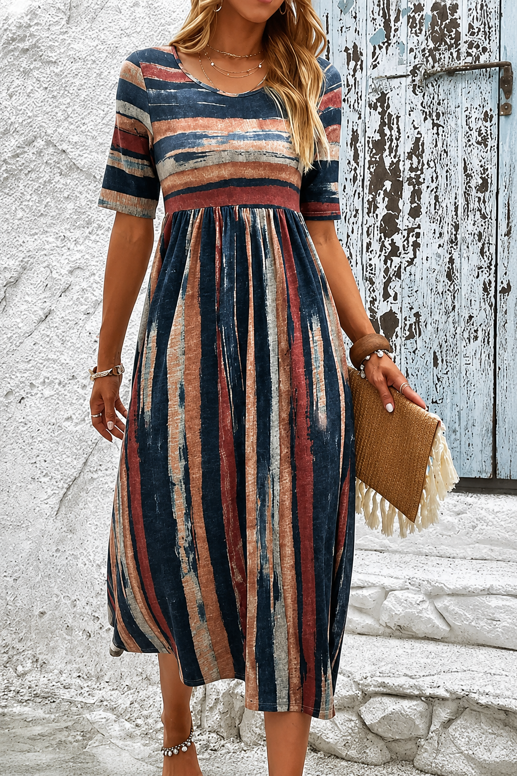 Vestido midi a rayas para mujer, estilo elegante y favorecedor. Ideal para primavera verano, disimula el abdomen.
