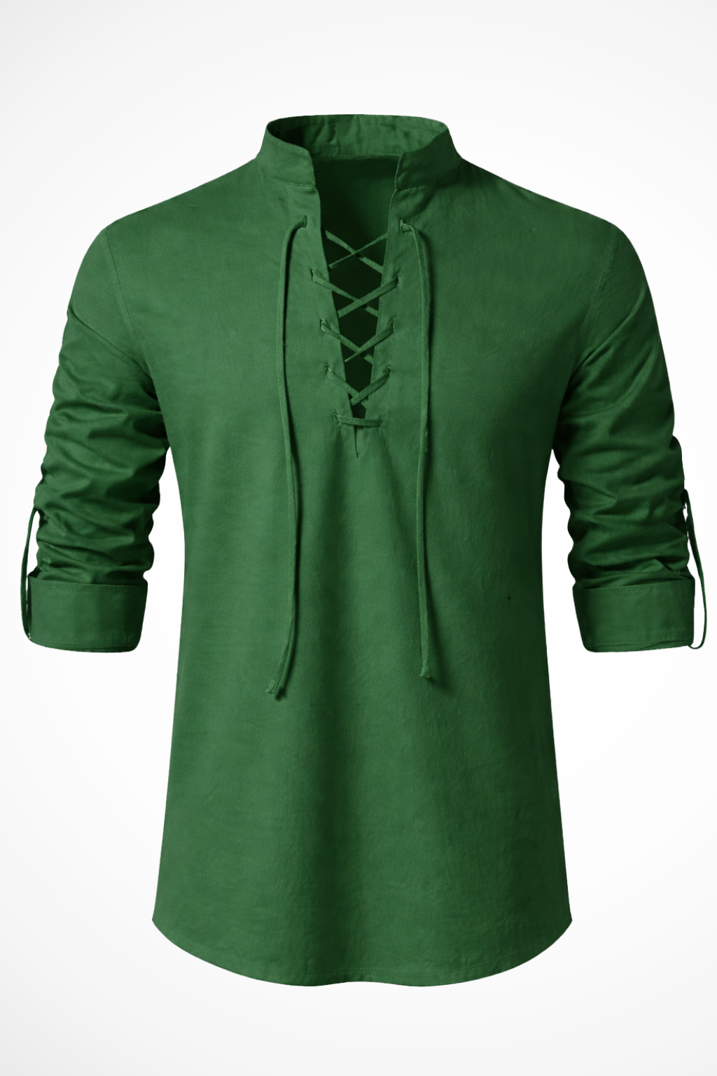 Camisa casual de lino para hombre con cordones en el cuello, manga larga, confort en moda de verano.