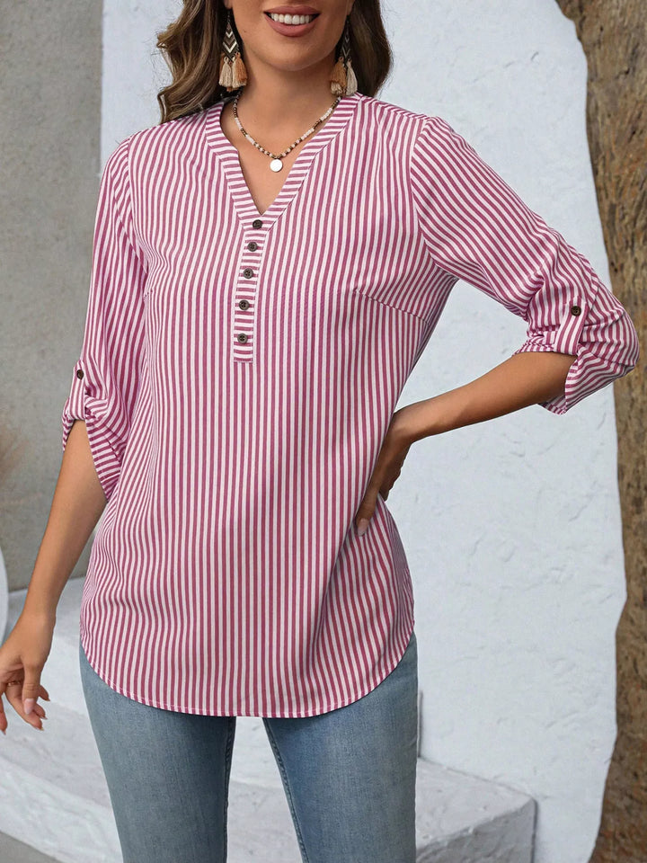 Blusa de mujer con patrón de rayas y cuello en V, ideal para primavera y verano, con botones.