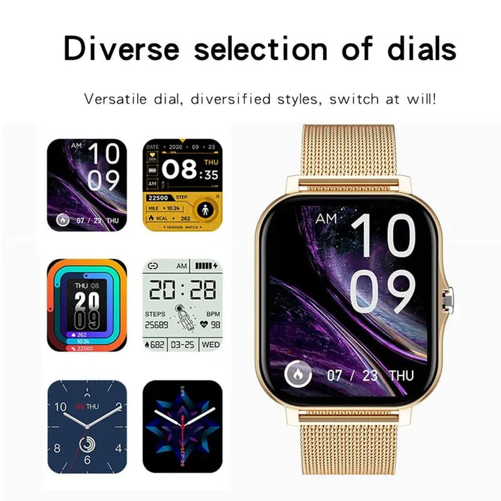 Relojes inteligentes multisport para mujer en diversos colores y estilos, moda y fitness.