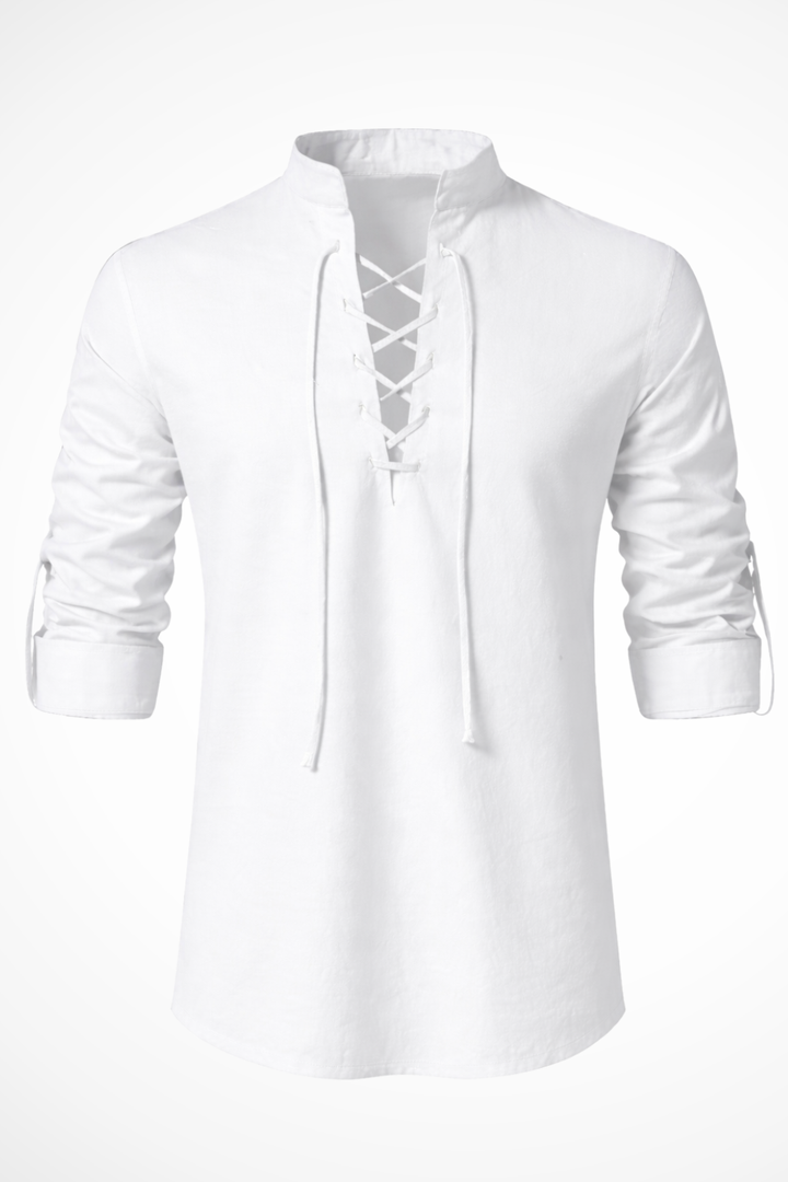 Camisa casual de hombre, manga larga con cordones, estilo relajado para verano. Ideal para ropa masculina.