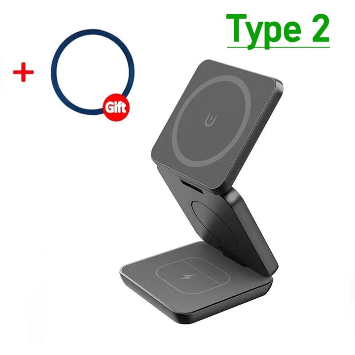Electrónica esencial: cargador inalámbrico magnético 3 en 1. Plegable, 30W carga rápida universal.