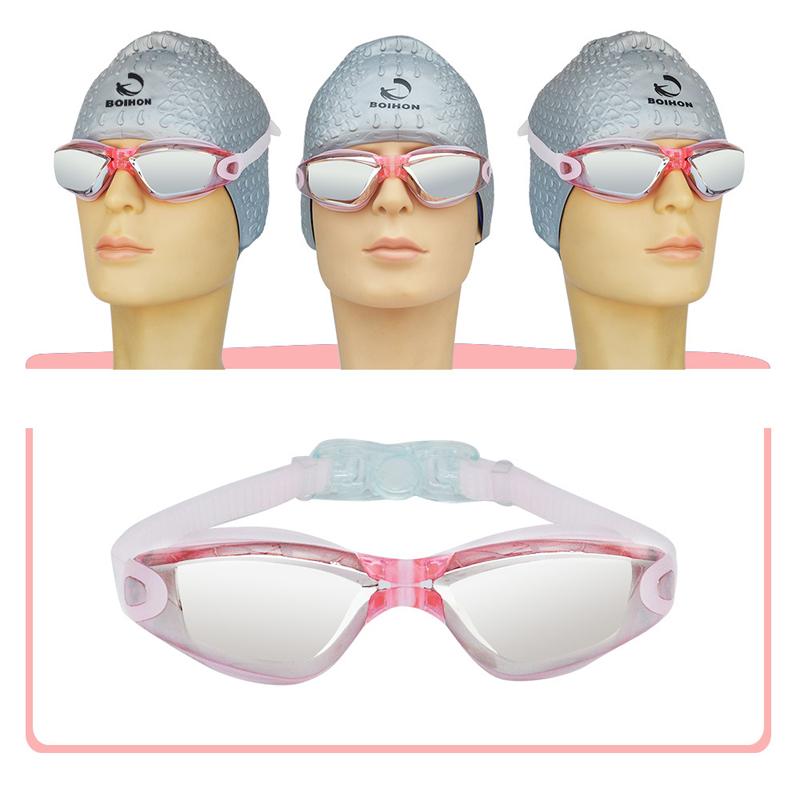 Gafas de natación para adultos, con lentes claras, protección UV y tecnología antivaho para visibilidad.