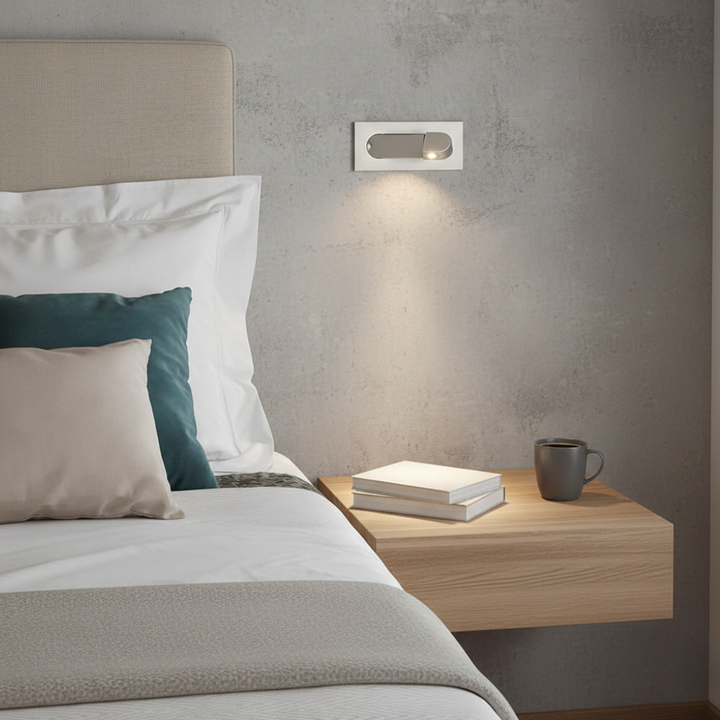 Lámpara de pared minimalista y ajustable, ideal para luz de lectura o iluminación nocturna en el hogar.