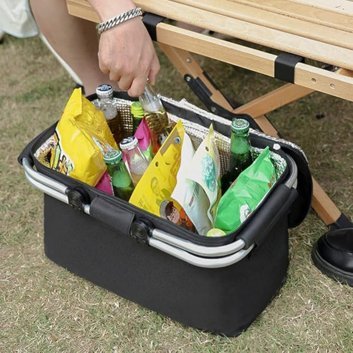 Cesta de picnic 18L para playa, camping o compras. Plegable, impermeable y aislada, mantiene tus bebidas frías.