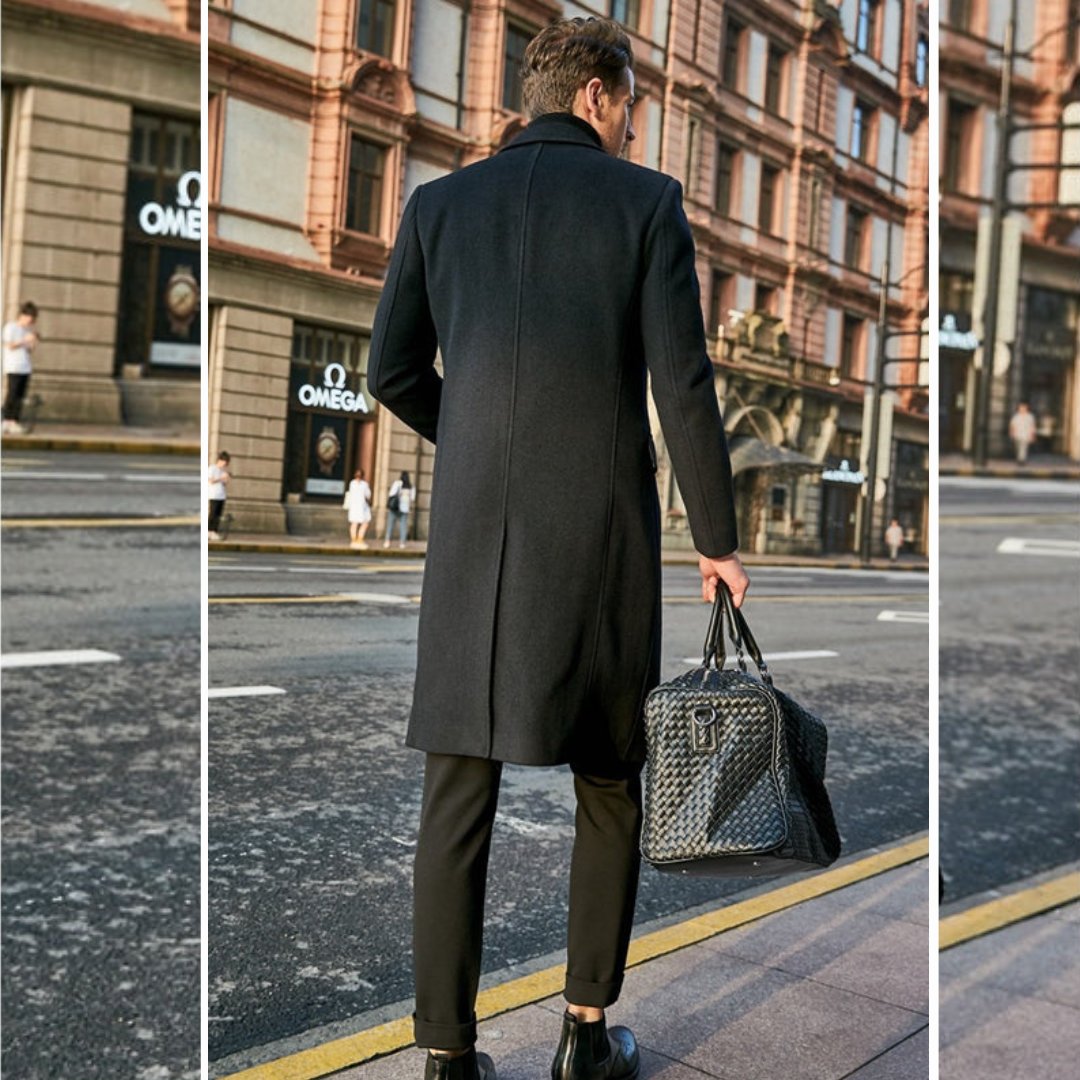 Detalle de abrigo largo clásico de lana para caballero, cálido y elegante para la moda invernal.