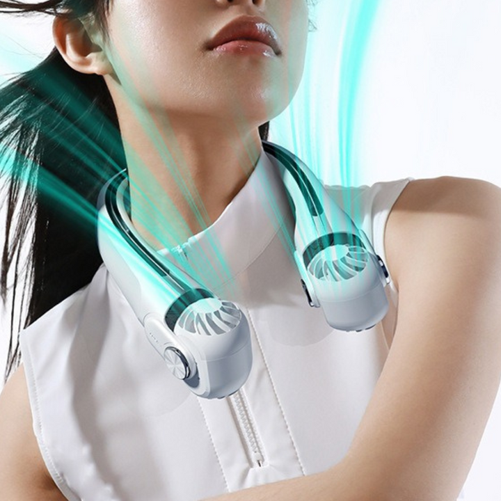 Ventilador de cuello verde vibrante, portátil y recargable, para comodidad y frescura en verano.
