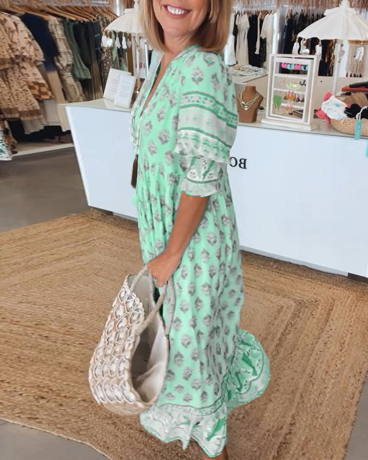 Vestido de moda femenina, bohemio, de capas, escote V. Estilo fluido para primavera y verano.