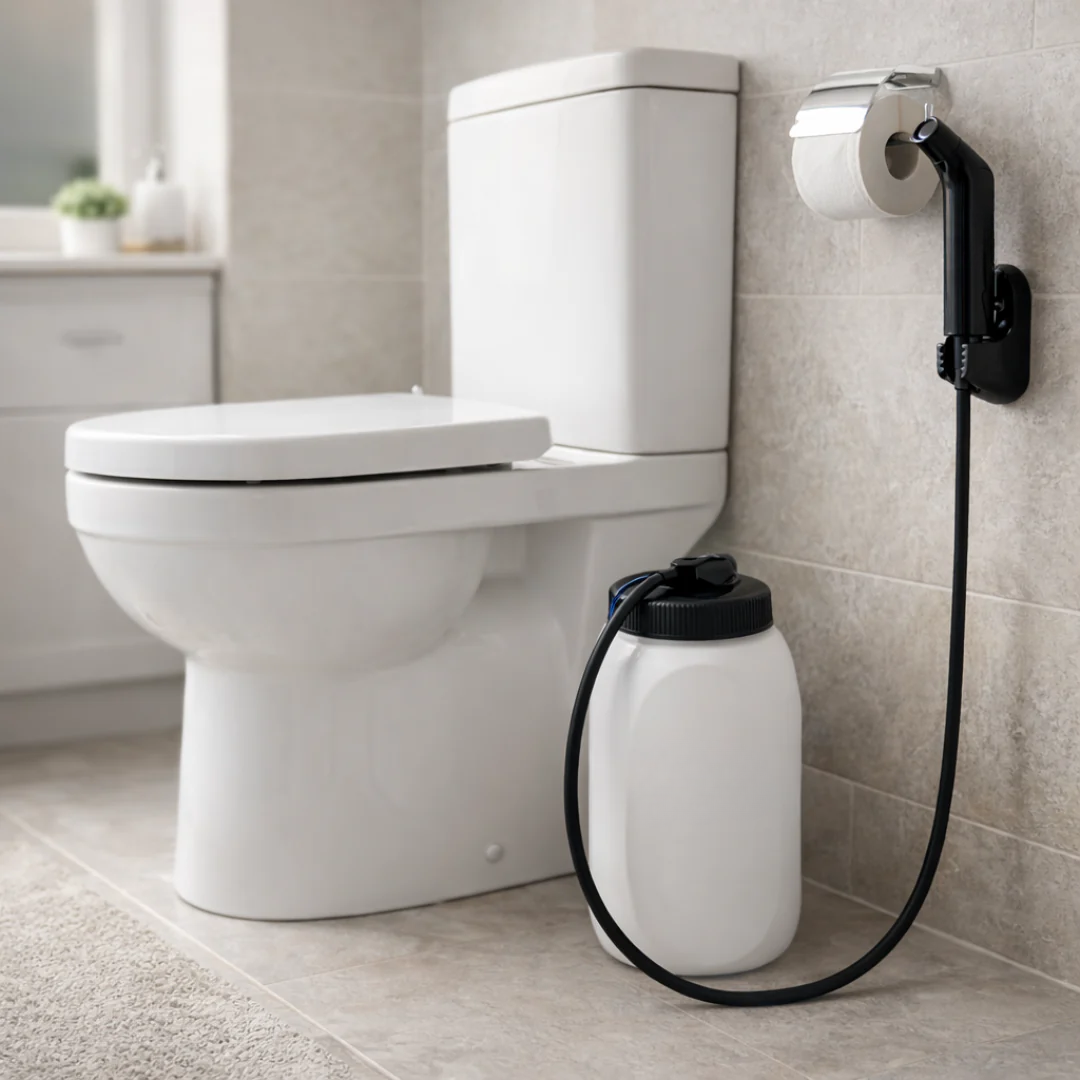 Bidet portátil recargable, sin instalación, ideal para higiene personal y limpieza en viajes, eco-friendly.