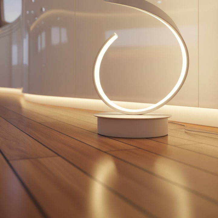 Lámpara de pie LED de bajo consumo, diseño espiral moderno y luz regulable eficiente.