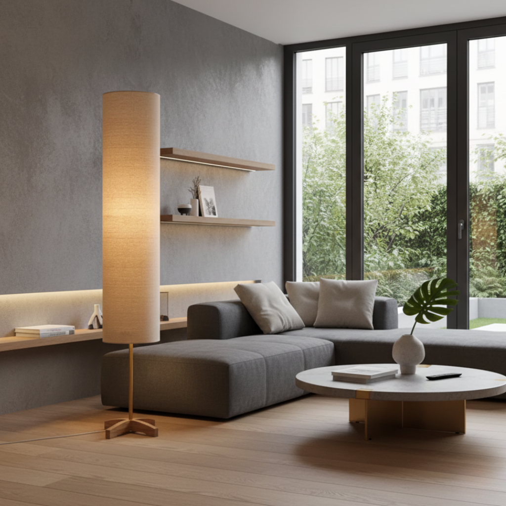 Lámpara Nomi estilo Japandi, luz ambiental LED. Ideal para dormitorio o sala de estar moderna.