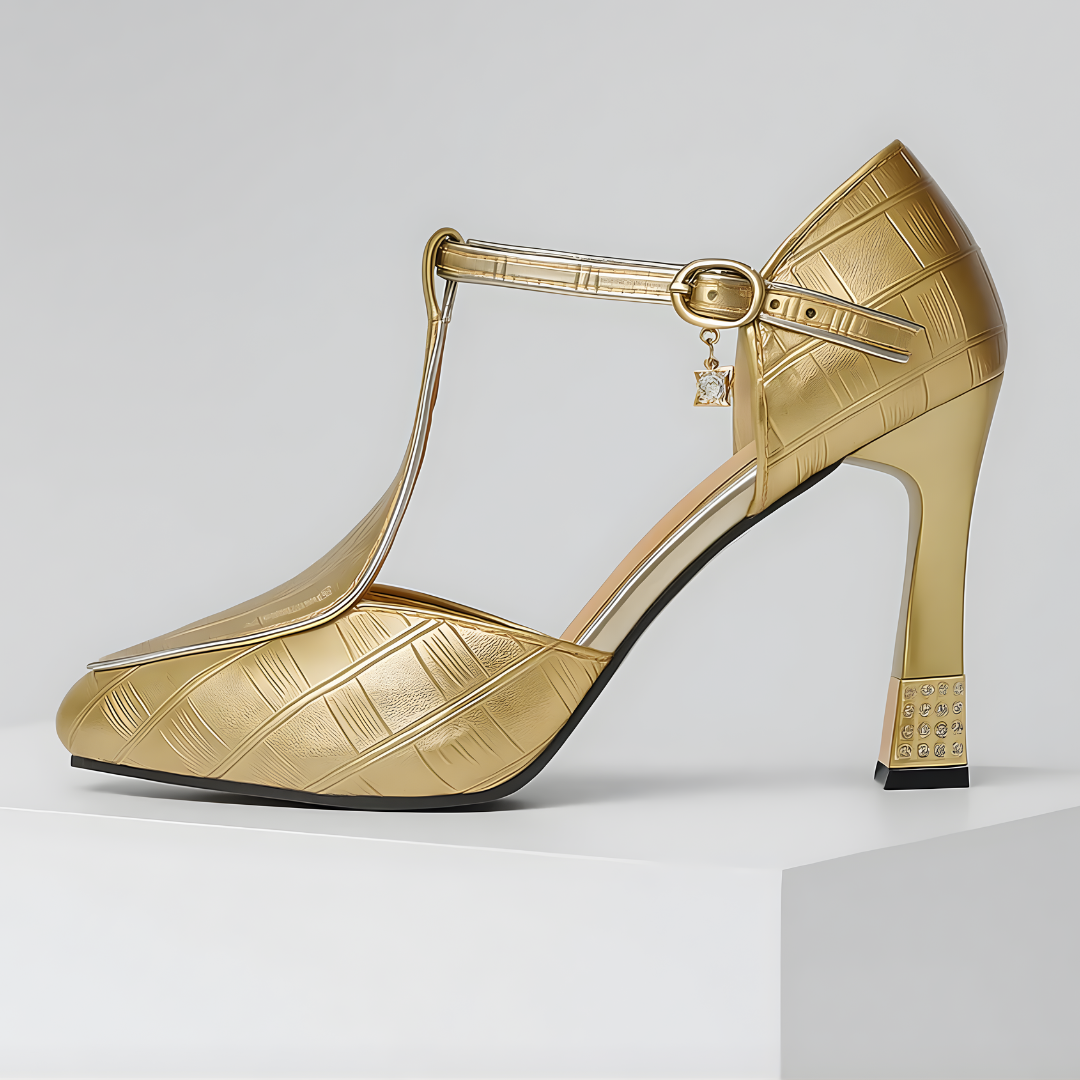 Calzado formal de fiesta: tacones con tira en T y tacón bloque, elegantes para eventos especiales.
