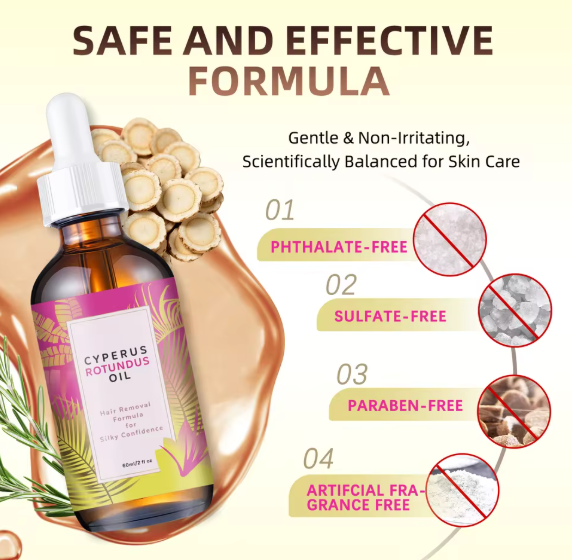 Aceite depilatorio con jojoba, rosa mosqueta y Cyperus Rotundus. Nutre piel sensible y minimiza vello.
