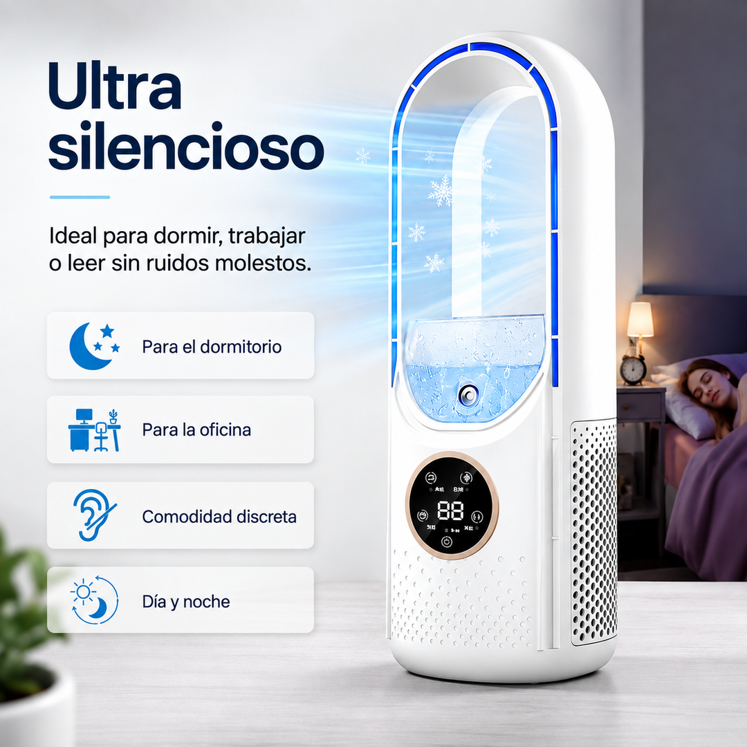 Ventilador USB de mesa con función enfriadora. Aire fresco y silencioso para tu comodidad.