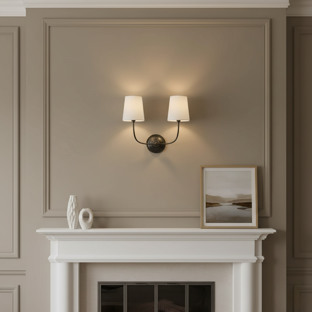 Aplique de pared doble con brazos curvos, crea iluminación ambiental cálida. Decoración hogar moderno.