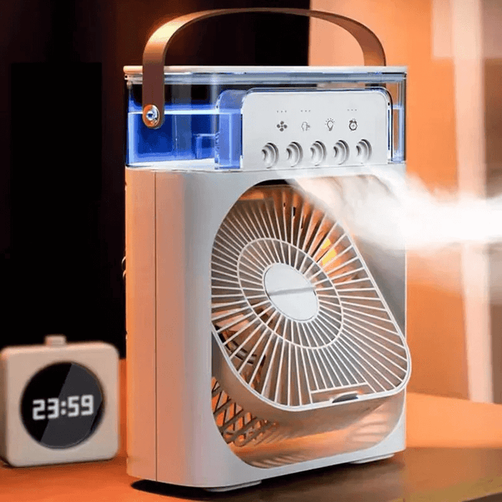 Ventilador personal USB compacto con enfriamiento por agua, ideal para oficina y hogar.