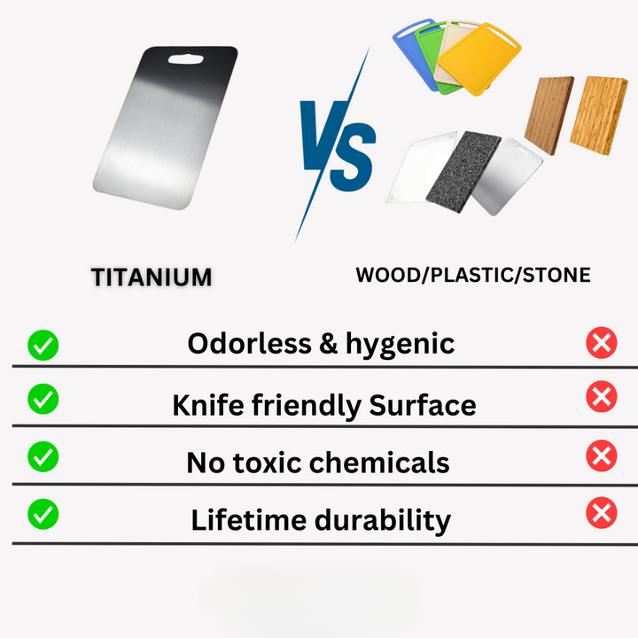 Tabla de titanio médico multiuso. Antiadherente, para cortar todo tipo de alimentos con máxima higiene.