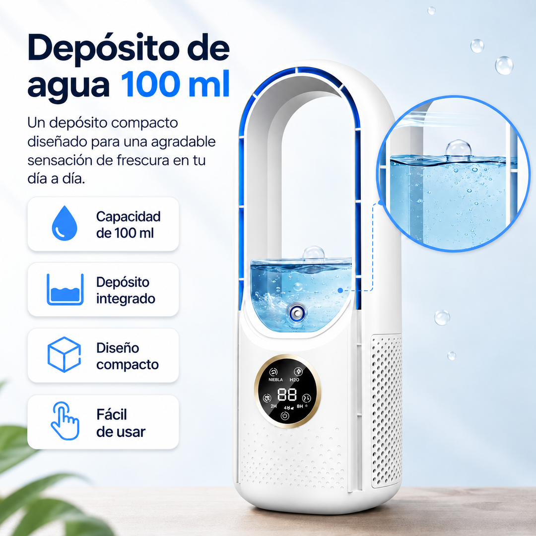 Climatizador personal USB compacto. Perfecto para espacios pequeños como hogar y oficina.