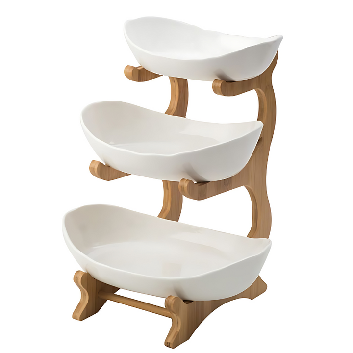 Frutero elegante de varios niveles que ahorra espacio. Ideal para decoración y organización de frutas en tu cocina.