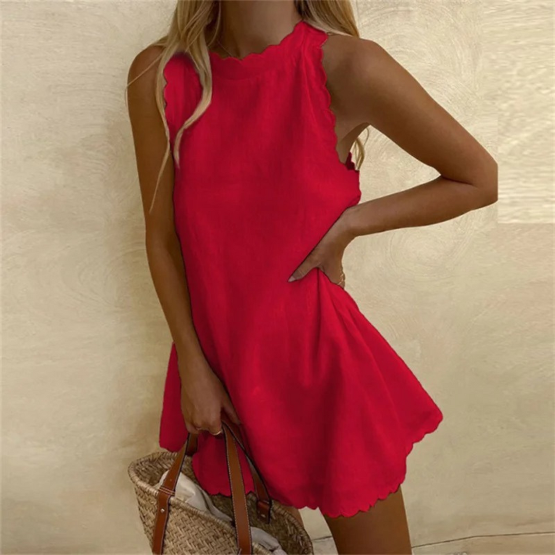Vestido de lino sin mangas para mujer, con detalle ondulado, cómodo y fluido para el verano.