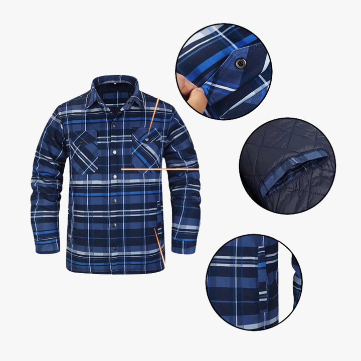 Hombre luciendo camisa de franela a cuadros estilo clásico. Moda masculina y ropa casual de invierno.
