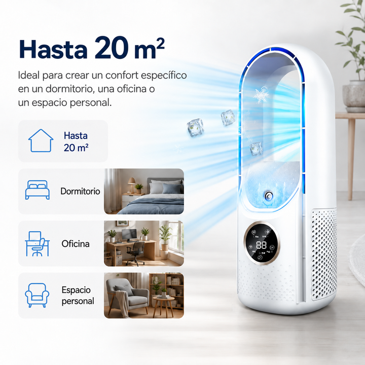 Enfriador de aire USB con filtro. Purifica y refresca el ambiente. Para tu bienestar.