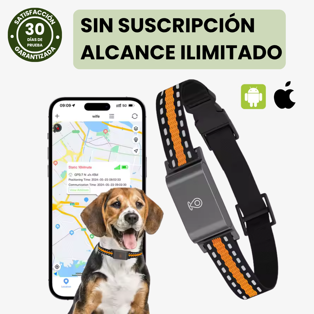 Perro feliz con collar GPS, rastreador de mascotas para seguimiento en tiempo real y seguridad. Impermeable, sin suscripción.