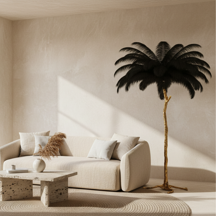Diseño único: Lámpara de pie con pantalla de plumas, iluminación suave y decorativa para el hogar.