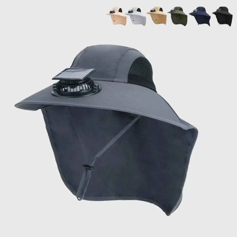 Gorra solar unisex recargable con ventilador y visera ancha, ideal para frescor y protección UV.