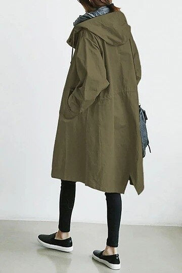 Gabardina larga versátil para mujer. Chaqueta impermeable con capucha y cuello alto, estilo casual de otoño.