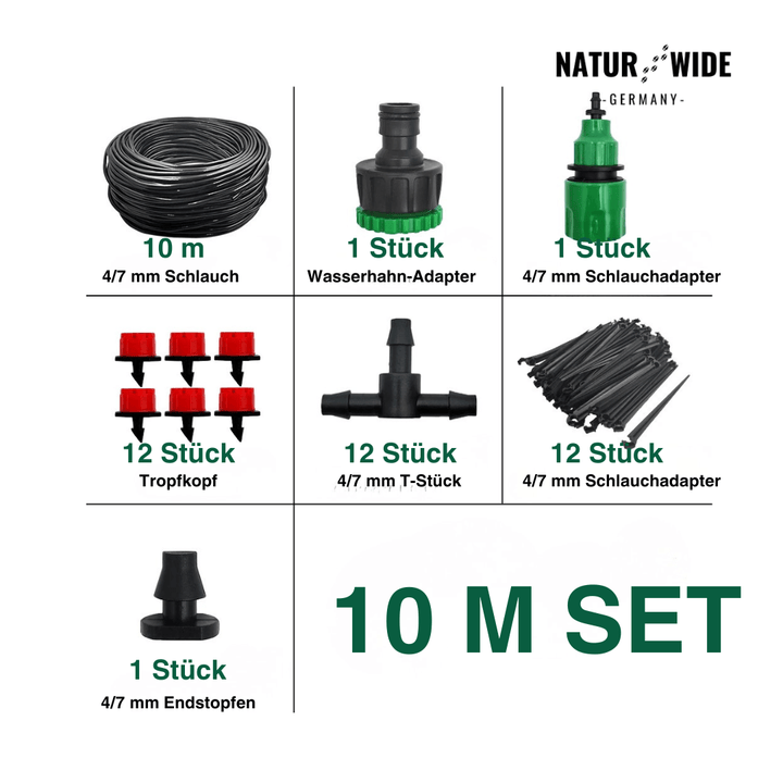 Kit de riego para huerto urbano y terraza, sistema de goteo ajustable para un riego eficiente de plantas.