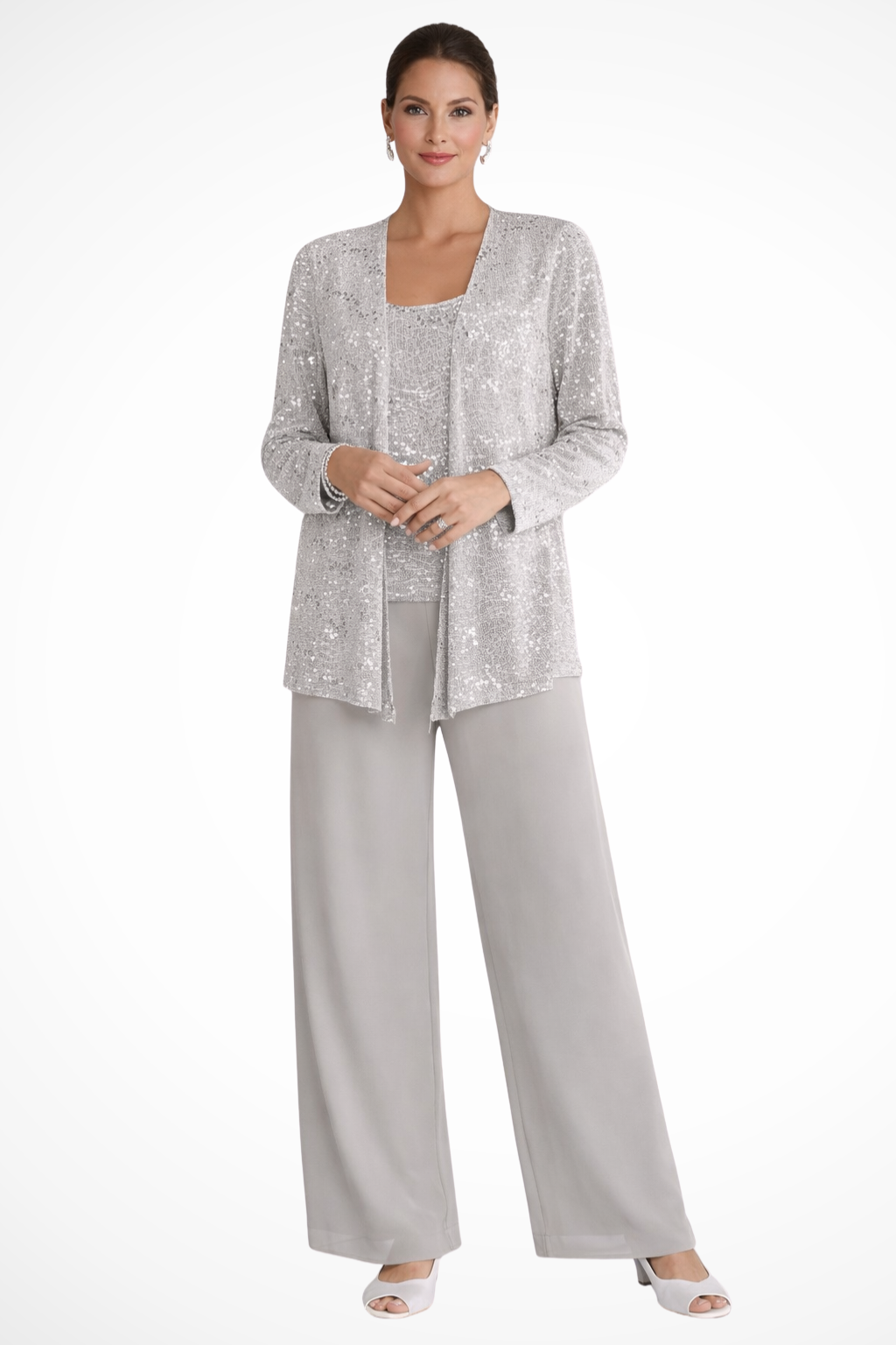 Traje de pantalón elegante para mujer con chaqueta de encaje y lentejuelas, perfecto para madrinas.
