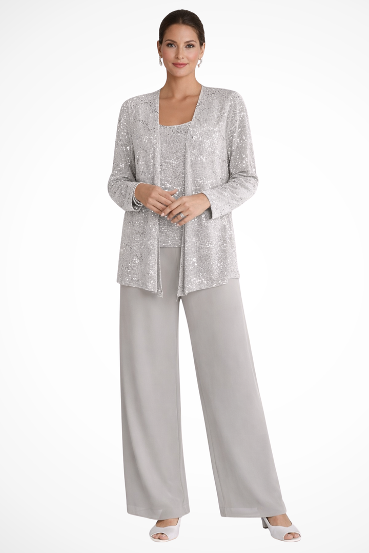Traje de pantalón elegante para mujer con chaqueta de encaje y lentejuelas, perfecto para madrinas.