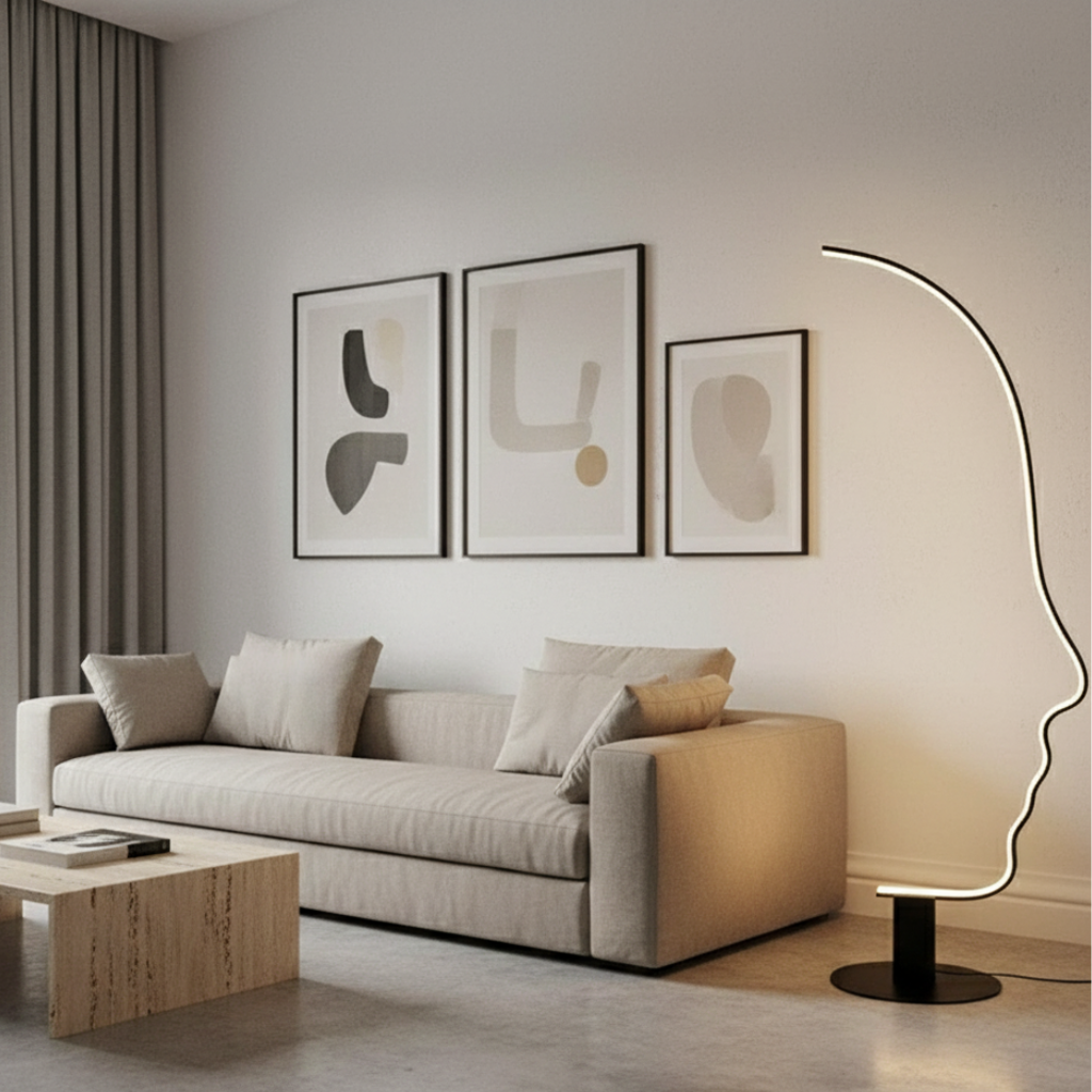 Lámpara de pie LED Silhouette. Diseño de cara humana, iluminación moderna estilo nórdico para decoración interior.