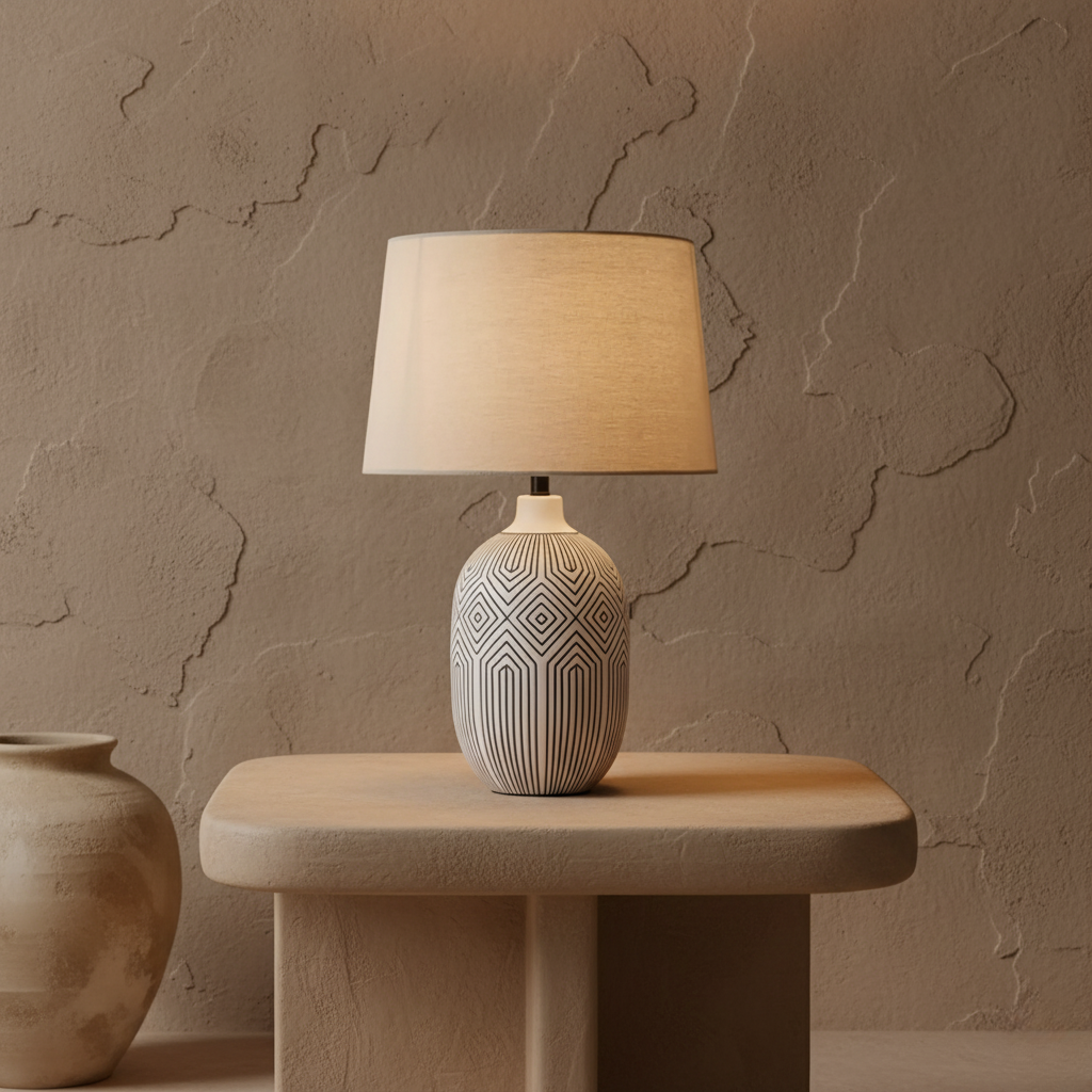 Lámpara Lumera escultural blanca, de mesa, aportando un toque moderno a la iluminación interior y decoración del hogar.