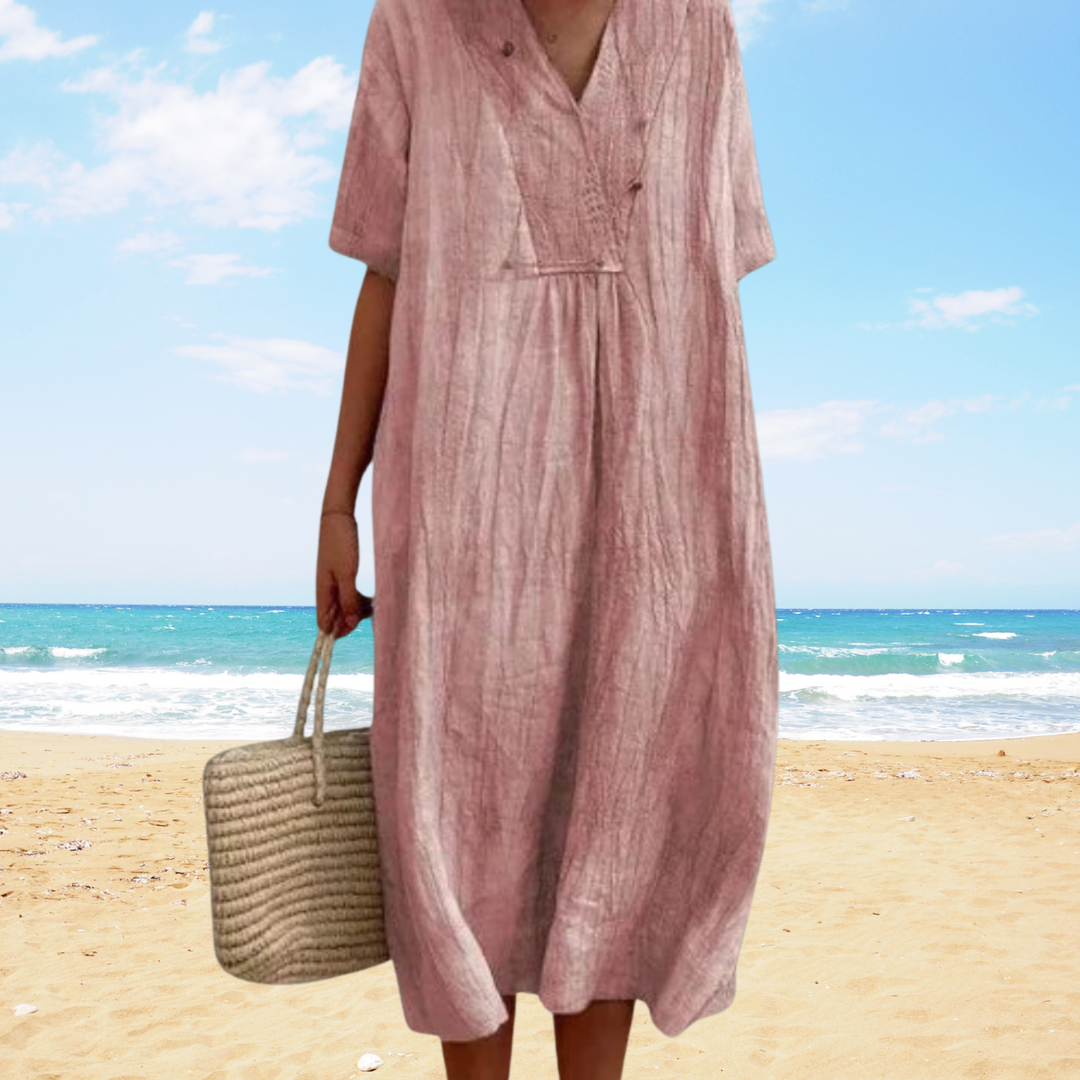Moda veraniega: vestido midi fluido con escote en V para mujer, fresco y elegante para cualquier ocasión casual.