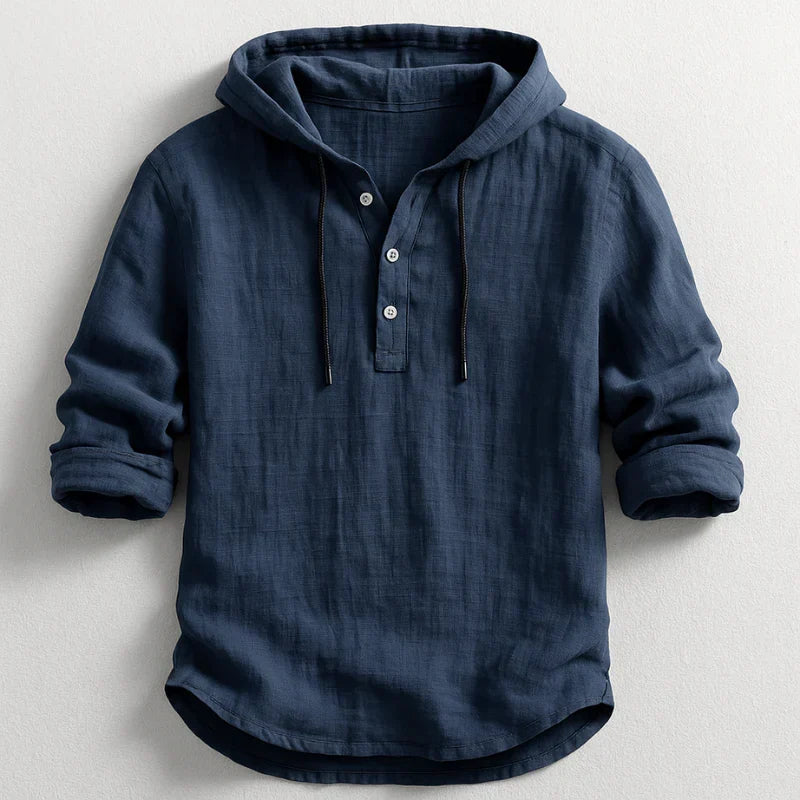 Camisa de lino para hombre, casual elegante con capucha. Versátil, transpirable. Disponible en blanco y azul claro.