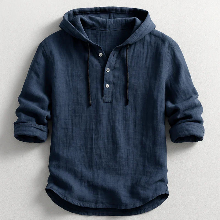 Camisa de lino para hombre, casual elegante con capucha. Versátil, transpirable. Disponible en blanco y azul claro.