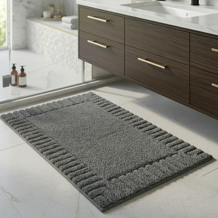 Alfombrilla de microfibra absorbente, antideslizante, con diseño de rayas, perfecta para baño moderno.
