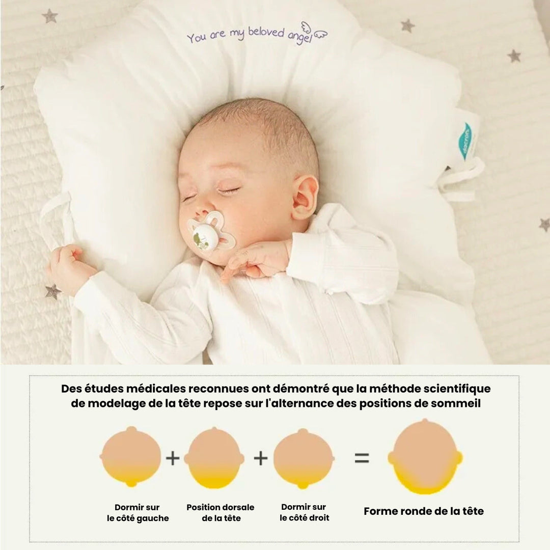 Almohada para recién nacido con diseño anti-plagiocefalia. Hipoalergénica, sueño seguro en cuna.